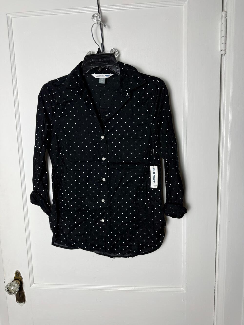 Old Navy Blouse Top Women's XS Dark Navy Blue White Polka Dot Poplin Crisp NEW
